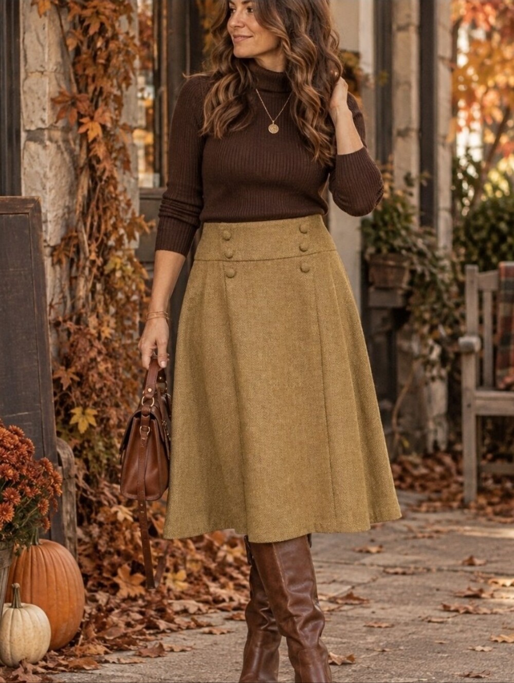 ModCloth Camel-Tone A-Line Retro Wool Blend Herringbone High Waist Skirt 12
